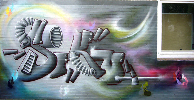 Siko style, open outlines (Siko maschine part I) von Siko Ortner auf der frisch legalisierten Aussenfasade des Jugendfreizeitheims in der Neustadt Bremen 2008.