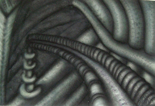 Biomechanik 22 aus der Themenreihe Biomechanik (Freihand Airbrusharbeit) von Siko Ortner Guache auf Aquarellpapier, 22cm X 32cm, August 2005.