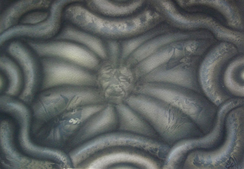 Erotik, Guache auf Aquarellpapier von Siko Ortner, mittels vielen Mehrfachstanceln sowie Flüssigmaskenstancel, 32cm X 42cm, 2003.
