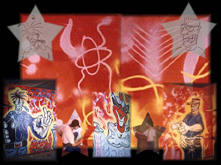 Collage für Szenekneipe Skunk 1988. Ein Graffitiauftrag für das Skunk im Karolinenviertel in Hamburg im Sommer 1988. Die Auftragsmalerei wurde durchgeführt von Wiliams/Siko Ortner und seinem Graffitischüler Mickey/Sage, TMR (The mad roosters).