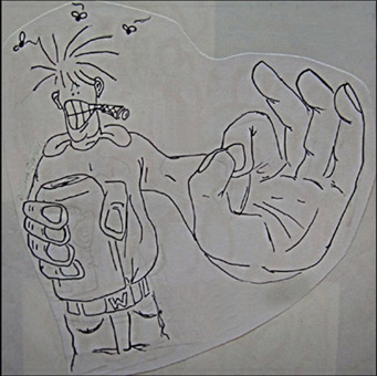 Szenekneipe Skunk 1988. Ein Graffitiauftrag für das Skunk im Karolinenviertel in Hamburg im Sommer 1988. Die Auftragsmalerei wurde durchgeführt von Wiliams/Siko Ortner und seinem Graffitischüler Mickey/Sage, TMR (The mad roosters). Hier der Entwurf für den Wiliams-charakter.