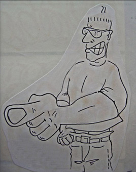 Szenekneipe Skunk 1988. Ein Graffitiauftrag für das Skunk im Karolinenviertel in Hamburg im Sommer 1988. Die Auftragsmalerei wurde durchgeführt von Wiliams/Siko Ortner und seinem Graffitischüler Mickey/Sage, TMR (The mad roosters). Hier der Entwurf für den Mickey-charakter.