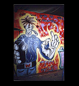 Szenekneipe Skunk 1988. Ein Graffitiauftrag für das Skunk im Karolinenviertel in Hamburg im Sommer 1988. Die Auftragsmalerei wurde durchgeführt von Wiliams/Siko Ortner und seinem Graffitischüler Mickey/Sage, TMR (The mad roosters). Fertiggestellter Wiliams-charkter.
