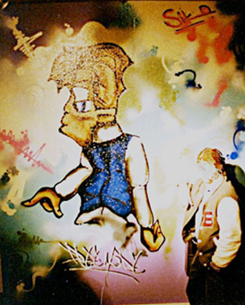 Auftrag Tanzhouse 1989. Ein Graffitiauftrag für die Diskothek Tanzhouse in Bahrenfeldt Hamburg im Oktober 1989. Auftragsmalerei von der Mad Artists Cooperation, Freemode und Siko Ortner. Murals im Biliardbereich der Disco. Charakter von Freemode.