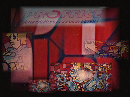Colage für Auftrag Pro Office GmbH, 1990. Ein Graffitiauftrag für die Pro Office Veranstaltungs GmbH in Frankfurt im Februar 1990. Auftragsmalerei von der Mad Artists Cooperation, Wizz und Siko Ortner. Mural im Flur des Büros der Veranstaltungsagentur.