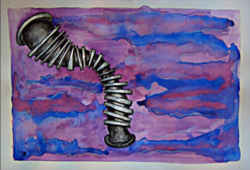 Abflußrohr, Farbentwurf, Guache und Buntstift auf Aquarellpapier von Siko Ortner, 17cm X 23cm, Juli 2005.
