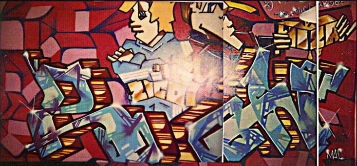 Auftrag Pro Office GmbH, 1990. Ein Graffitiauftrag für die Pro Office Veranstaltungs GmbH in Frankfurt im Februar 1990. Auftragsmalerei von der Mad Artists Cooperation, Wizz und Siko Ortner. Mural im Flur des Büros der Veranstaltungsagentur. Vollendete Letters Z und W unter Zico und Wizz charaktern in einem dreidimensionalem Raum.
