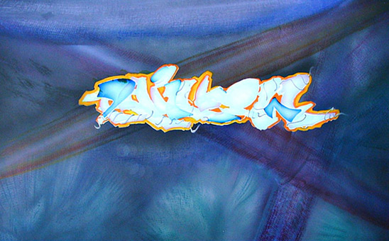 Rainbow style Biomechanik, Stancelart / Schablonengraffiti, 7-Fach-Stancel, Acrylfarbe auf Zeichenkarton von Siko Ortner, 32cm X 48cm, Sommer 2004.