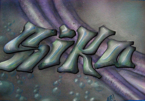 Siko style on pipes, Guache auf Aquarellpapier von Siko Ortner, mittels Flüssigmaskenstancel, 32cm X 42cm, Oktober 2005.