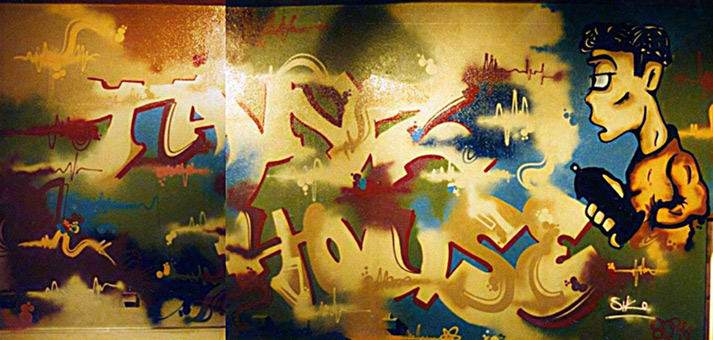 Auftrag Tanzhouse 1989. Ein Graffitiauftrag für die Diskothek Tanzhouse in Bahrenfeldt Hamburg im Oktober 1989. Auftragsmalerei von der Mad Artists Cooperation, Freemode und Siko Ortner. Murals im Biliardbereich der Disco. Tanzhouse-style open-outlines.