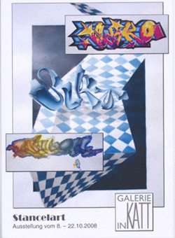 Ausstellung Stancelart von Siko Ortner vom 8. bis 22.Oktober 2008, in der Galerie Inkatt in Kattenturm, Bremen. Einladungskarte/Flyer für Stancelart 2008 gestaltet von Joachim Biber.