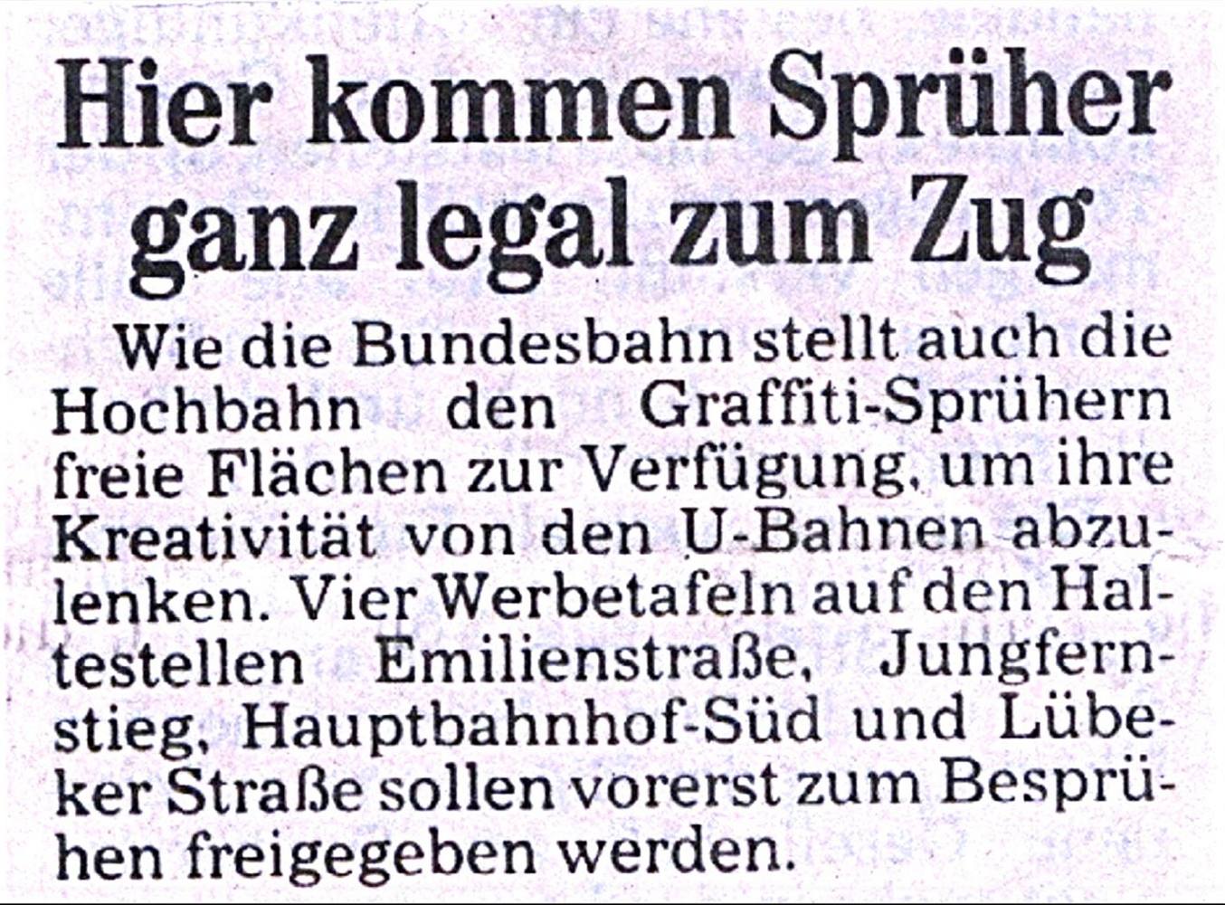 Presseartikel Hamburger Abendblatt 10. März 1989, mit dem Titel Hier kommen Sprüher ganz legal zum Zug.