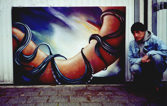 Siko Ortner mit der Leinwand die Angst im Oktober 2006. Die Angst aus der Themenreihe Emotionen (Aerosolart), Acrylfarbe und Sprühlack auf Leinwand, 1,25 m X 1,80 m, Fertigstellung Dezember 2005.