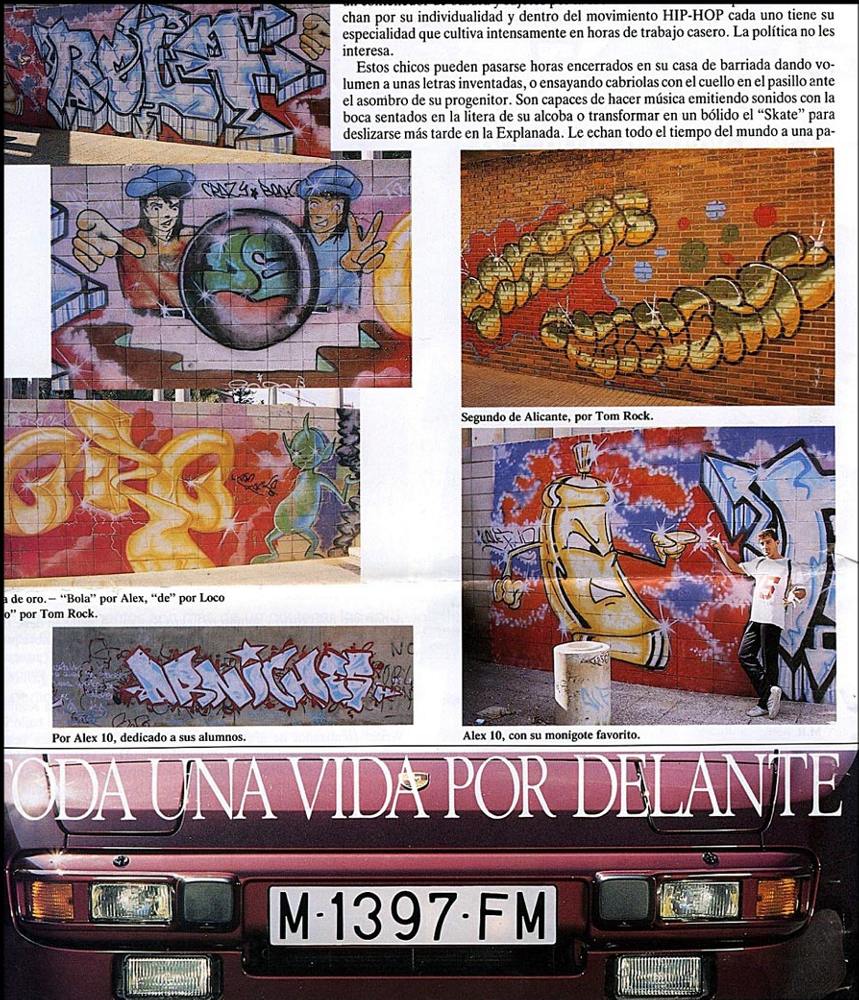 Spanischer Zeitungsartikel betreffend Graffiti in Alicante. Ein Artikel mit Wortbeiträgen von Tom Rock, Kamikaze, Loco 13, Alex 10 sowie Fotos dieser writer/Graffitikünstler von Anfang der achtziger bis Ende der achtziger. Darüberhinaus ist auch ein T.M.R.-style (1988) von Wiliams/Siko Ortner in Alicante abgebildet. Auf dieser Seite ist das so besondere oro-piece 3-D-style von Tom Rock (1988), dokumentiert.