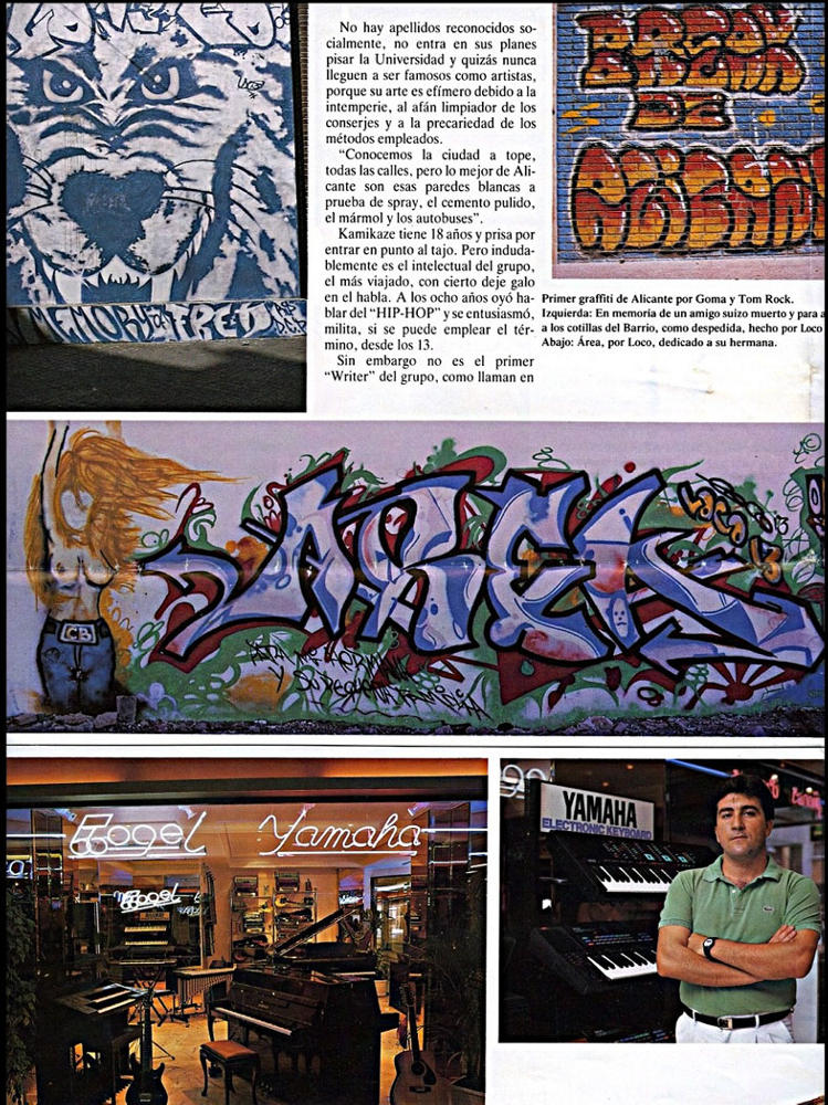 Spanischer Zeitungsartikel betreffend Graffiti in Alicante. Ein Artikel mit Wortbeiträgen von Tom Rock, Kamikaze, Loco 13, Alex 10 sowie Fotos dieser writer/Graffitikünstler von Anfang der achtziger bis Ende der achtziger. Darüberhinaus ist auch ein T.M.R.-style (1988) von Wiliams/Siko Ortner in Alicante abgebildet.