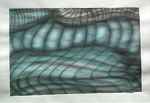Biomechanik 05 aus der Themenreihe Biomechanik (Freihand Airbrusharbeit) von Siko Ortner Guache auf Papier, 18,5cm X 22,5cm, Juli 2005.