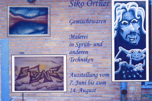 Flyer/Einladungskarte (gestaltet von Joachim Bieber) der Ausstellung Gemischtwaren im Cafe Paganini/Paga in der Neustadt in Bremen 2008. Eine Graffitiausstellung von Siko Ortner.