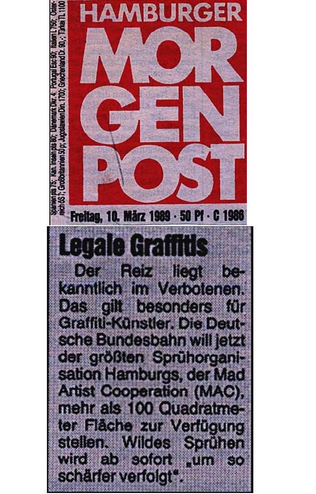 Presseartikel Hamburger Morgenpost vom 10. März 1989. Titel: Legale Graffitis, Artikel betreffend Zusammenarbeit zwischen Bundesbahn und Sprühvereinigung MAC.