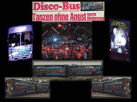 Collage Disco-Bus Zeppelin. Ein Graffiti-Auftrag für die Discothek Zeppelin in Hamburg/Maschen, Oktober bis Dezember 1987. Auftragsmalerei von der Mad Artists Cooperation, Siko Ortner (ehemals für Auftragsarbeiten Zico) und seinen Graffitischülern Sami und Wizz.