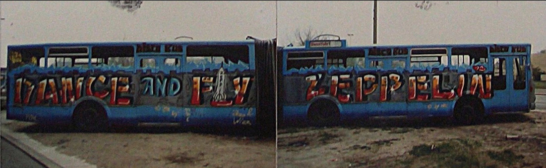 Disco-Bus Zeppelin. Ein Graffiti-Auftrag für die Discothek Zeppelin in Hamburg/Maschen, Oktober bis Dezember 1987. Auftragsmalerei von der Mad Artists Cooperation, Siko Ortner (ehemals für Auftragsarbeiten Zico) und seinen Graffitischülern Sami und Wizz.