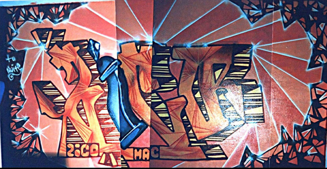 Hotel Lahner. Ein Graffitiauftrag für den Hotelbetrieb Lahner in Olangen, Osttirol 1989. Auftragsmalerei von der Mad Artists Cooperation, Sage, Staph und Siko Ortner (ehemals für Auftragsarbeiten Zico) im November 1989. Murals in einer Tiefgarage, pieces mit Stancelart/Schablonengraffiti. Zico-piece, Stancelarbeit, Olangen, Osttirol 1989.