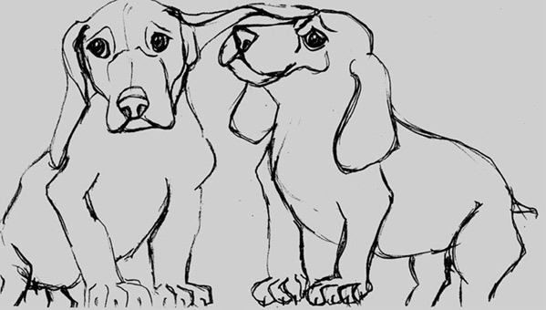 Zwei Hunde, Skizze/Ideenentwurf von Siko Ortner, Bleistift auf Papier, 21cm X 29cm, 2004.