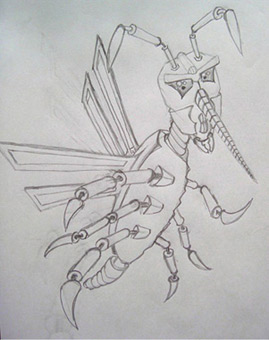 Moskito seitlich, Comic, Entwurfszeichnung von Siko Ortner, Bleistift auf Papier, 21cm X 29cm, 2005.