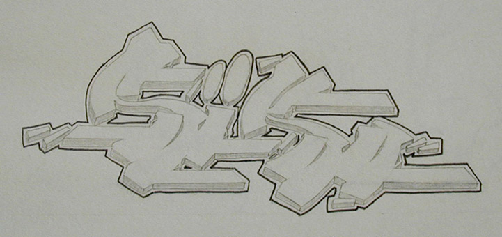 Siko style, Balkenstyle, Entwurfszeichnung von Siko Ortner, Bleistift auf Papier, 15cm X 25cm, 1991.