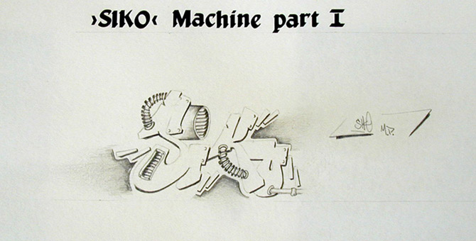 Siko style, mashine part I, Balkenstyle, Entwurfszeichnung von Siko Ortner, Bleistift auf Papier, 15cm X 25cm, 1993.