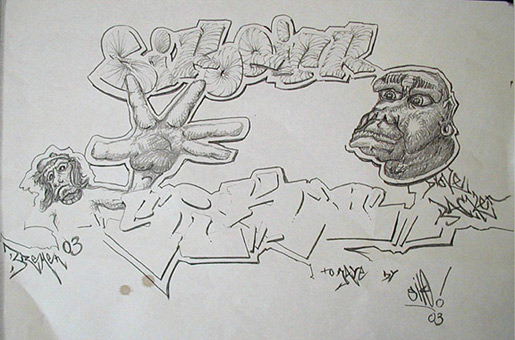 Sikoqick Siko style, (quik ist nicht schnell), Balkenstyle, Entwurfszeichnung von Siko Ortner, Bleistift auf Papier, 15cm X 25cm, 2003.
