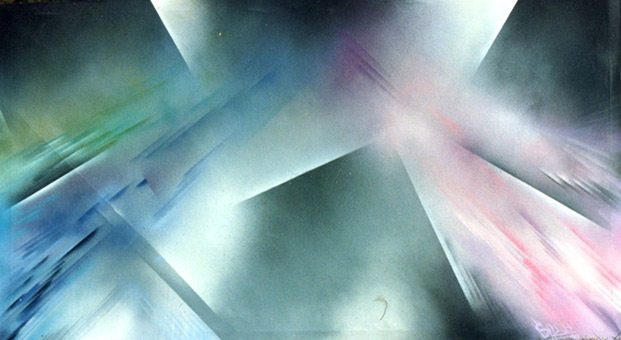 Die Ausgeglichenheit (Aerosolart) von Siko Ortner aus der Themenreihe Emotionen, Sprühlack auf Leinwand, 1,15 m X 1,90 m, Fertigstellung Oktober 1990.