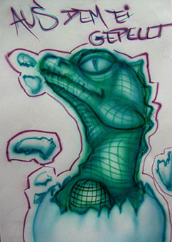 Krokodil (Comic), Freihand Farbentwurf mit Airbrush, Acryl auf Papier von Siko Ortner, 21m X 29cm, Dezember 2005.