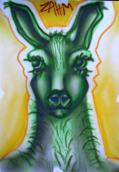 Lama (Comic), Freihand Farbentwurf mit Airbrush, Acryl auf Papier von Siko Ortner, 21m X 29cm, Dezember 2005.