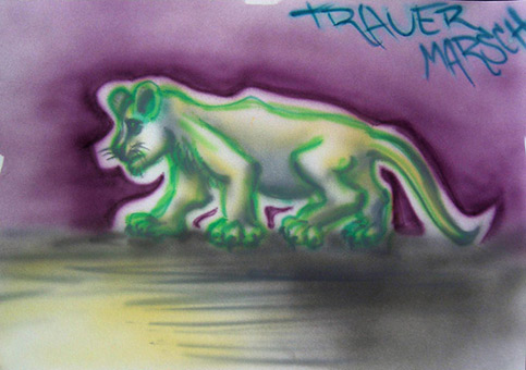 Löwenbaby (Comic), Freihand Farbentwurf mit Airbrush, Acryl auf Papier von Siko Ortner, 21m X 29cm, Dezember 2005.