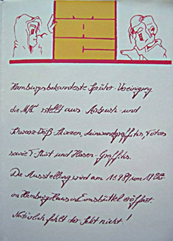 Gruppenausstellung Mad Artists Cooperation 1989, im Hamburg-Haus im Dormannsweg (Eimsbüttel). Diese Veranstaltung wurde durchgeführt im Rahmen der Internationalen Comicausstellung Hamburg zur gleichen Zeit in weiteren Ausstellungsräumen in Hamburg. Bei dieser Ausstellung beteiligt waren unter anderen: Wizz/Sage, Art/Sengo, Staph und Siko Ortner. Handgedruckte Lack-Siebdruck-Einladungskarte von Siko und Wizz, Auflage 300 Stck.