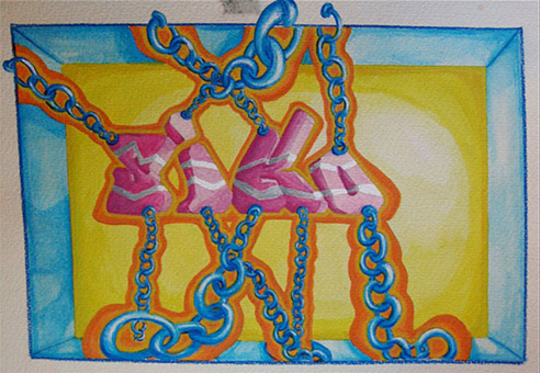 Siko style 1023, Farbentwurf, Guache auf Aquarellpapier von Siko Ortner, 17cm X 23cm, Juli 2005.