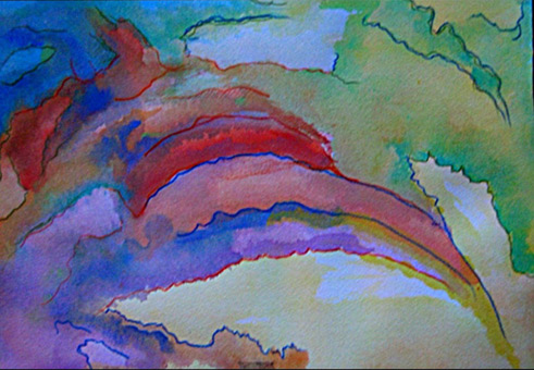 Landschaft abstrakt, Farbentwurf, Guache auf Aquarellpapier von Siko Ortner, 17cm X 23cm, Juli 2005.