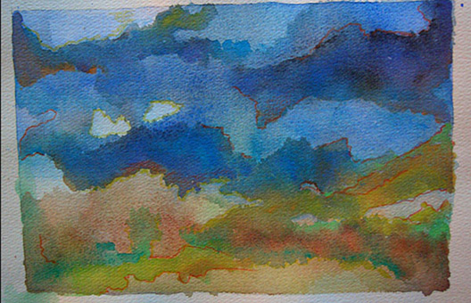 Landschaft abstrakt, Farbentwurf, Guache auf Aquarellpapier von Siko Ortner, 17cm X 23cm, Juli 2005.